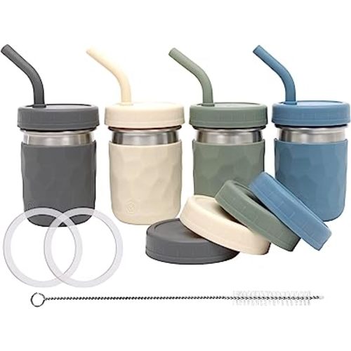 WeeSprout 2-in-1 Drinking Cups for Kids, Durable Stainless Steel Tumbler for Smoothies, Silicone Straws with Stoppers, Premium Plastic Twist Lids, Easy-Grip Sleeves, Set of 4 Dishwasher Safe Kid Cups