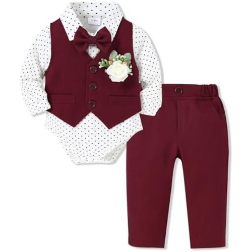 SANMIO Baby Boy Clothes Suits Infant Gentleman Outfit Collared Dress Shirt+Vest+Tie+Corsage+Pants 5Pcs Baby Suit Sets
