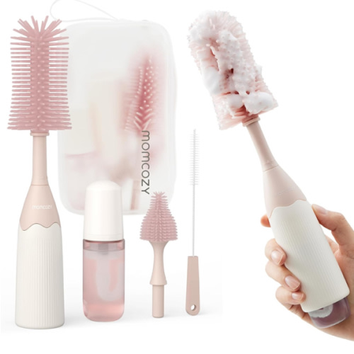 Momcozy Bottle Brush Kit, Innovative Push-Press Design for Better Cleaning - Baby Bottle Cleaner Brush for Baby Bottle, Breast Pumps, Nipples, and More - Can Generate Foam for Better Cleaning, Pink