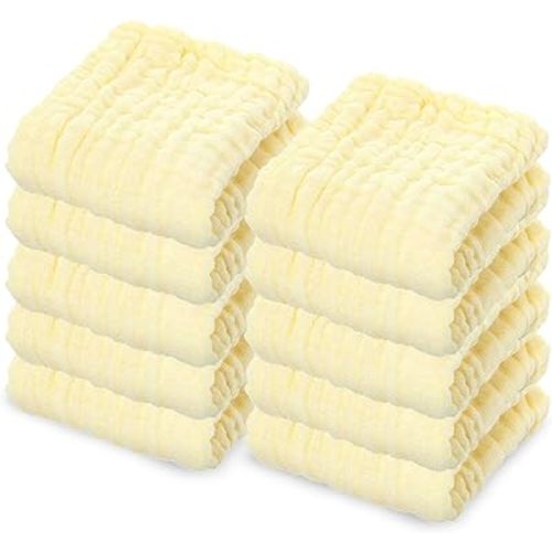 10 Pack Soft Muslin Unisex Baby Washcloths for Daily Use, 100% Cotton Set for Delicate Skin. Soft and Super Absorbent, Newborn Baby Essentials and Baby Registry,12x12 Inches (Yellow)