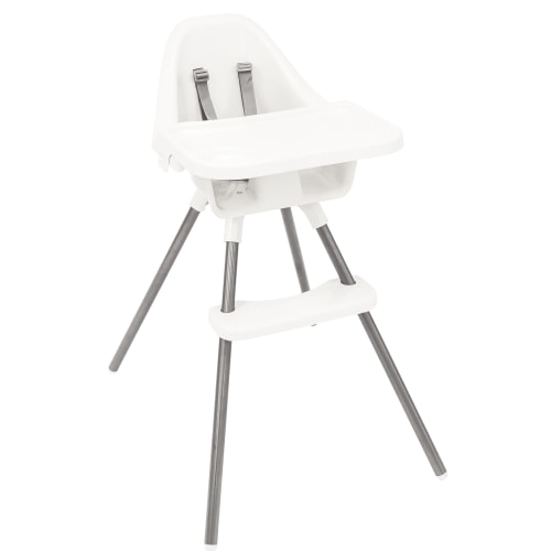 Regalo Baby Basics High Chair, Removable Oversized Tray with Cup Holder, 5-Point Harness, White, Plastic Chair, Steel Legs, Ages 6-36 Months