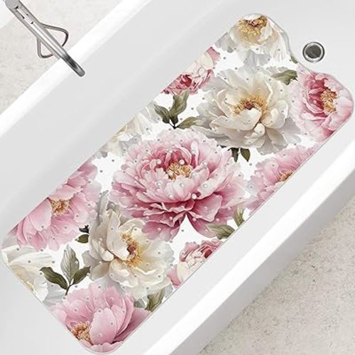 SHUCHING Vintage Peony Flower Bath Mat for Tub Non Slip-40 X 16Inch, Bathtub Mat Anti Slip for Women, Extra Long Shower Mat for Bathroom Mold Free, Machine Washable