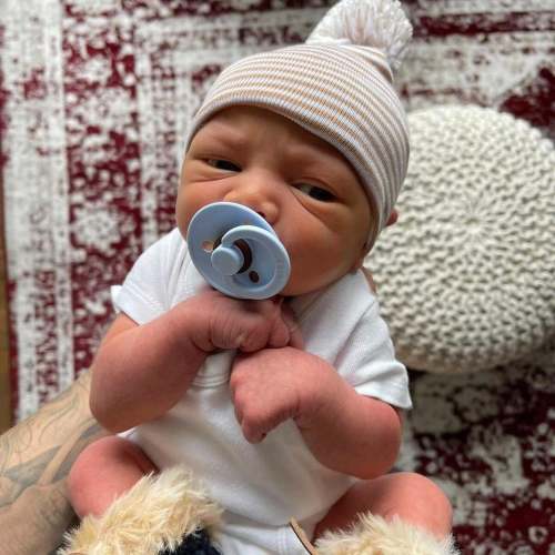 Newborn Pom Pom Hat, Tan Stripes w/ Mixed Pom