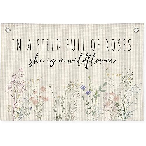 Baby Girl Nursery Decor, Christian Nursery Decor Canvas Banner, Floral Wildflower Banner Wall Hanging Flag for Bedroom Playroom Baby Girl Gift