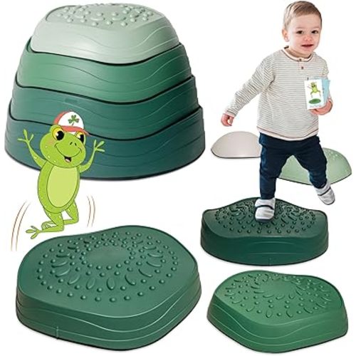 LEAP WITH LUCKY Balance Stepping Stones for Kids. Features 10 Froggy Inspired Cards to Enhance Coordination and Motor Skills along with 5 Lily-Pad Textured Stepping Stone for Toddlers with Anti-Slip Base & Maximum Grip | Indoor & Outdoor Learning Sensory