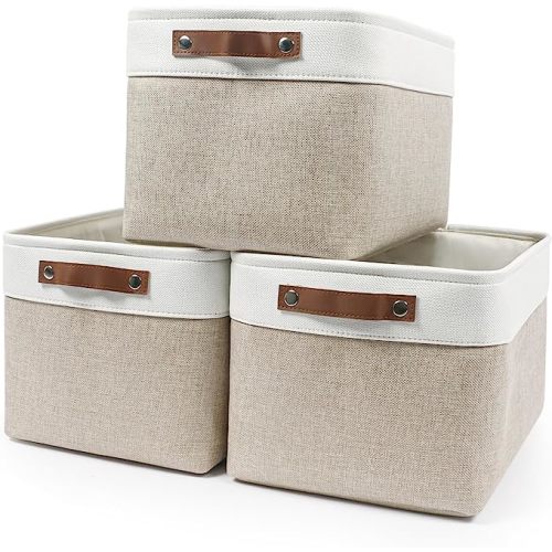 Storage Bins Large Fabric Storage Baskets for Shelves 3 Pack, Decorative Linen Closet Baskets with Handles for Organizing, Shelf, Clothes, Home, Office, 15x11x9.5Inches (Beige&White)