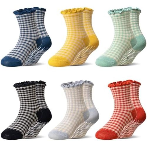 Eocom Toddler Ruffle Socks Baby Girls Non Slip Frilly Dress Cotton Grips Socks 6 Pairs