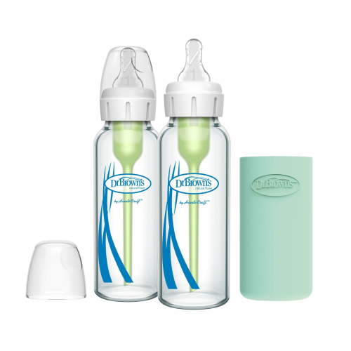 8oz Anti-Colic Options+ Narrow Glass Baby Bottle with Level 1 Slow Flow Nipple & Silicone Sleeve - 2pk