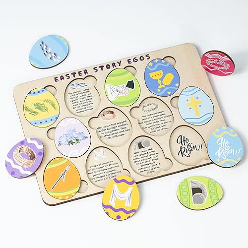 Easter Story Eggs Puzzle- 12 Wooden 2D Egg Puzzle Set with Meaningful Symbols - Interactive and Educational Gift for Kids - Discover the Resurrection Story Through Play