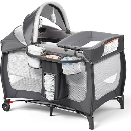 Kinder King 4 in 1 Portable Pack and Play, Baby Playard w/Bassinet, Grey