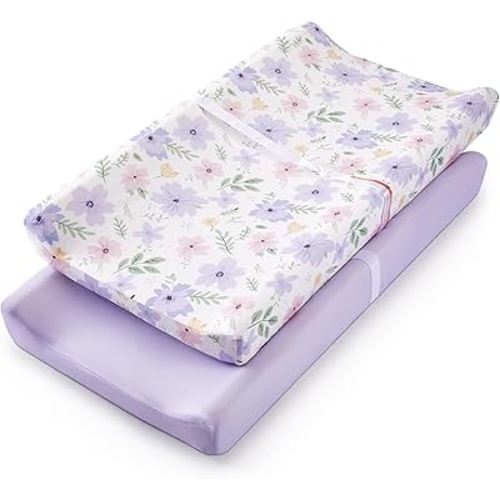 TILLYOU Changing Pad Cover Set in Soft Jersey Material - Fits 32"/34''x16 Contoured Pad for Babies, Brilliant Little Flowers and Purple