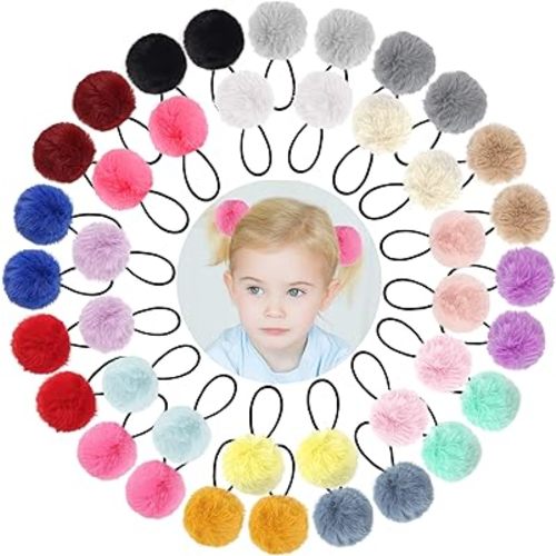 Qearl 40 Pieces Pom Ball Hair Ties, Velvet Elastic Hair Accessories for Women Girl Kids, 2" Pom Poms Fluffy Ponytail Holders