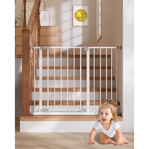 InnoTruth 29.5–40.75" Baby Gate for Stairs, 30" Tall Dog Gates for Doorways & Hallways, Safety Gate for Kids & Pets, Pressure-Mounted Walk-Through with Dual Lock & 2-Way Swing, White