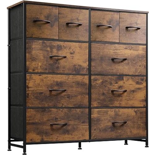 WLIVE Dresser for Bedroom with 10 Drawers, Wide Fabric Dresser for Storage and Organization, Bedroom Dressers, Chest of Drawers for Living Room, Closet, Hallway, Rustic Brown Wood Grain Print