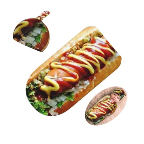 Qiankang Funny Food Newborn Swaddling Blanket Beanie Hat Sets Soft Baby Receiving Funny Hot Dog Food Blanket Soft Sleeping Bag New Born Soft Sleep Sacks for Boys Girls