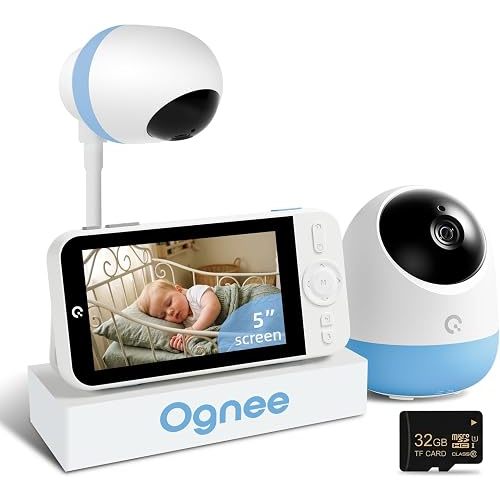 Ognee Baby Monitor with Camera and Audio, 24h Recording Playback, Baby Monitor with Crib Mount, 5" IPS 2K Display, SD Card, Remote Pan-Tilt-Zoom, 2-Way Talk, No WiFi, Night Vision, Safety Zone Alert