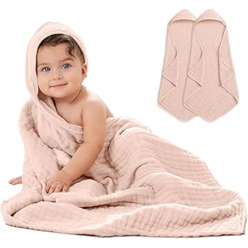 Comfy Cubs Hooded Baby Towel 2-Pack, Large 32 x 32 Inch - 6 Layer 100% Muslin Cotton for Babies, Toddlers and Kids - Soft & Absorbent Baby Bath Towels - Unisex Design for Bath Time - Blush