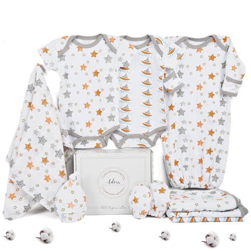 ADORR Baby Layette Gift Set for Baby Boys - 8 Piece New Born Baby Boy Gift Set, Baby Clothes & Newborn Essentials Must Haves - Newborn Baby Boy Clothes 0-3 Months 100% Organic Cotton