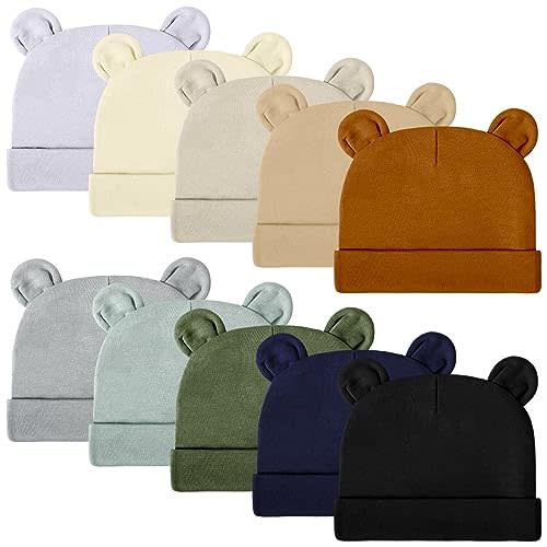 Toulite 10 Pcs Newborn Baby Hat Bear Ears Infant Caps Girl Cotton Newborn Hospital Hat Solid Color Boys Preemie Hat Soft Toddler Beanie for 0-6 Months Baby Autumn Winter