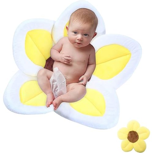 Baby Bath Flower Soft Cushion Non-Slip Safety Sink Insert Tub Creative Play-mat 0-12 Months, Includes Mini Bath Flower Scrubby BPA Free (Baby Yellow)