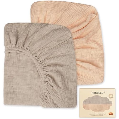 2-Pack Soft Muslin Cotton Crib Sheets, Fitted for Standard Crib Mattress (52"x28"), Breathable & Gentle Baby Bedding (Cream & Grey)