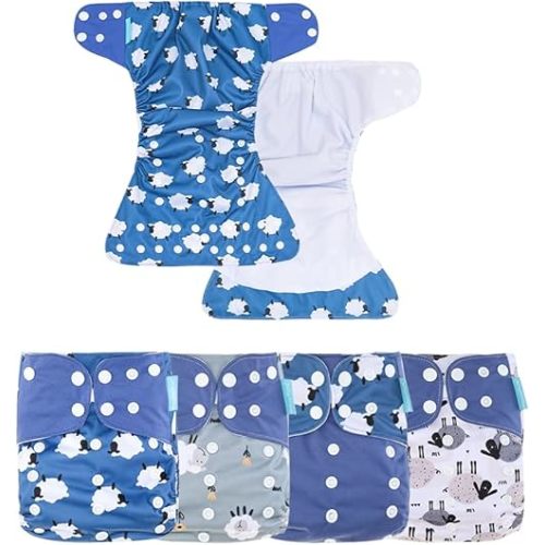 HappyFlute 4 Sets Newborn Baby Cloth Pocket Diapers One Size Adjustable Reusable for Baby Boys and Girls(No Inserts,Blue)