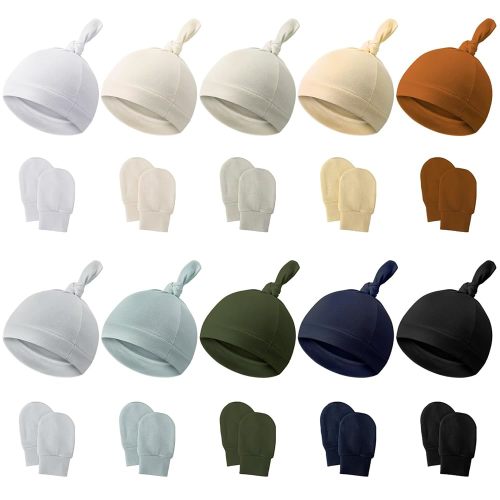 Hercicy 10 Set Newborn Baby Mitten and Hat Set Knot Newborn Beanie with Baby Mittens Cap for Hospital Infant Boy Girls Unisex Preemie Toddler 0-6 Months