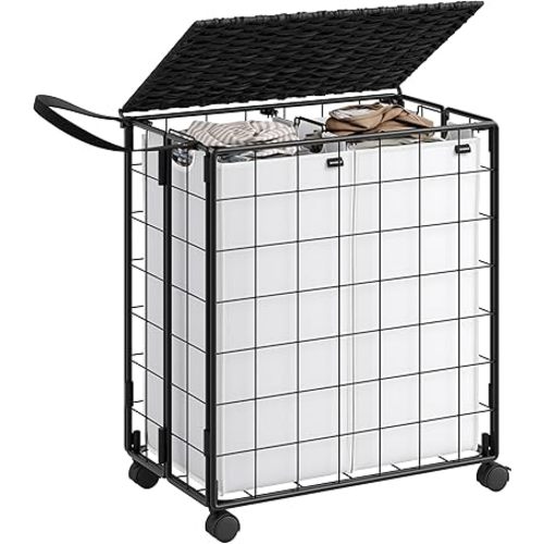 SONGMICS Laundry Hamper, 110L Laundry Basket with Lid, Clothes Hamper with Wheels, Collapsible Removable Liner Bag, Iron-Made Laundry Sorter, Ink Black and Cloud White ULCB211B12