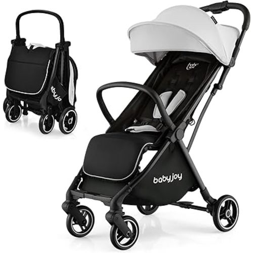 BABY JOY Lightweight Baby Stroller, Compact Travel Stroller for Airplane, Infant Toddler Stroller w/Adjustable Backrest & Canopy, Storage Basket, Self Standing Gravity Fold, Aluminium Frame (Gray)
