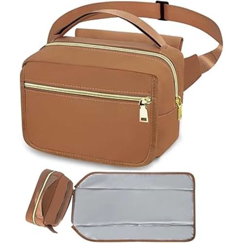 printe Small Diaper Bag with Portable Changing Pad, Crossbody Diaper Pack with Wipes Pocket, Women Waist Bag for Stroller Travel, Brown Large