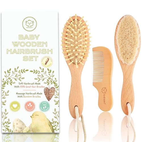 Baby Hair Brush and Comb Set for Newborn - Natural Wooden Hairbrush with Soft Goat Bristles for Cradle Cap - Perfect Scalp Grooming Product for Infant, Toddler, Kids - Baby Registry (Oval, Brown)