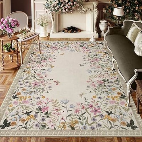 Wonnitar Washable 8x10 Rug, Non-Slip Soft Floral Rugs for Living Room, Ultra-Thin Large Bedroom Rug, Botanical Area Rug Floor Carpet for Dining Table (Beige,8'x10')