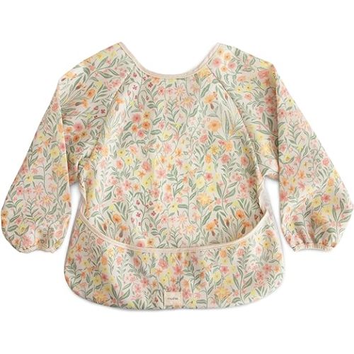 mushie Long Sleeve Baby Bib | Mess Free & Waterproof Fabric for Toddlers | Adjustable Fit for Ages 6-24 Months - Pastel Blooms