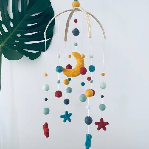 Felt baby mobile, standard double arch with felt moon & stars- gender neutral nursery decor | crib mobile | greens, grey, mustard + rust