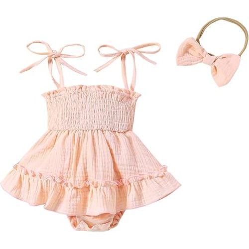 Baby Girls' Pink and White Smocked Romper Dress with Headband