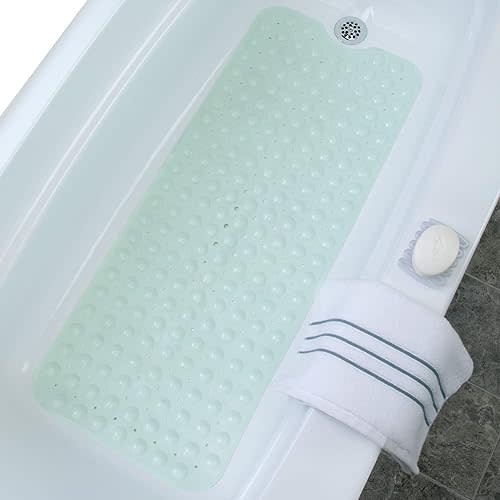 SlipX Solutions Power Grip Extra Long Bath Tub & Shower Mat 39x16, Wet Floor Non-Slip for Elderly & Kids Bathroom, 30% Longer Bathtub Mats, 200 Suction Cups, Drain Holes, Machine Wash, Seafoam
