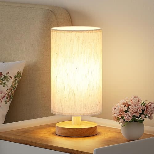 Small Table Lamp for Bedroom - Inline Control, Bedside Lamp with 3000K A15 LED Blub, Easy Assembly (Cream Shade - Wood Base, 9" Inline Control)
