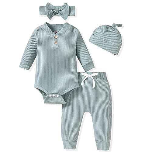 Aalizzwell Gender Neutral Long Sleeve Baby Ribbed Outfit with Hat & Headband
