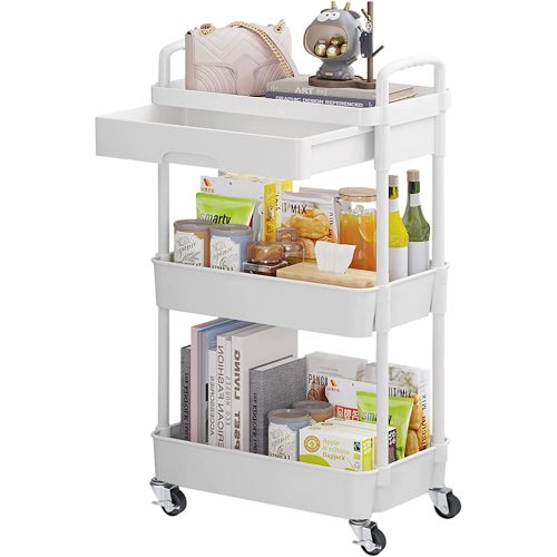 Calmootey 3-Tier Rolling Utility Cart with Drawer,Multifunctional Storage Organizer with Plastic Shelf & Metal Wheels,Storage Cart for Kitchen,Bathroom,Living Room,Office,White