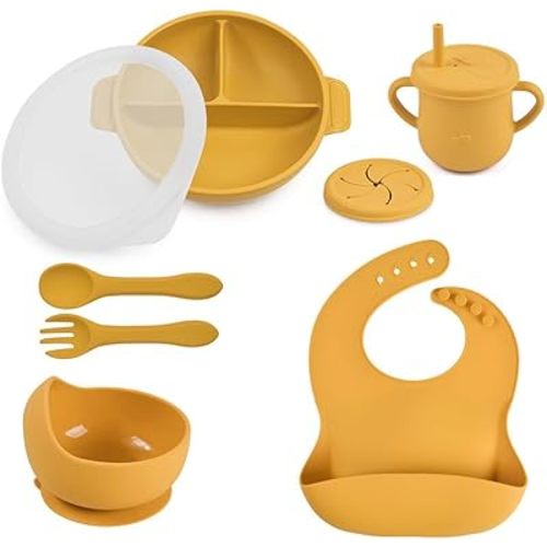 Silicone Baby Feeding Set - Perfect silicone plates for baby and Toddler Plates with lid, Baby Bowls with Suction, Baby Utensils - Baby Led Weaning Supplies and Eating Essentials - (Yellow)