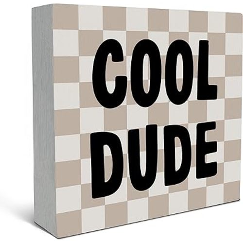 SRADMO Cool Dude Wood Box Sign Desk Decor,Boho Beige Preppy Wooden Block Box Sign Decoration for Teen Boys Bedroom College Dorm Gamer Room Wall Shelf Table Decor