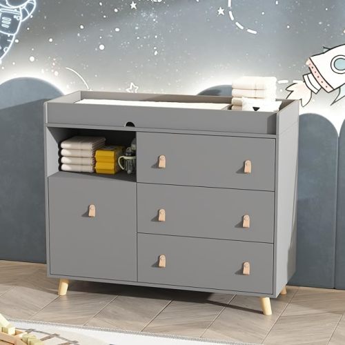 Baby Dresser with Changing Table Top, 4 Drawers Nursery Dresser with Removable Guard, Infant Diaper Changing Station Baby Cloth Organizer for Nursery and Kids Bedroom, Grey - 44.9" W
