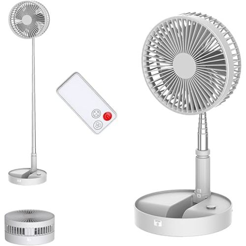 UN UNITEDTIME Desk and table fan, Foldable Fans Portable Travel Fan Battery Operated or USB Powered,Adjustable Height,My Foldaway fan with remote Control Timer 4 Speed Settings (White)