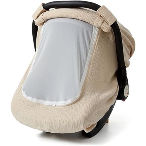 Muslin Cotton Baby Car Seat Cover for Boys and Girls, Summer Baby Car Seat Covers Infant Car Seat Canopy with Breathable Mesh Window Windproof Carseat Cover for Babies (Khaki)