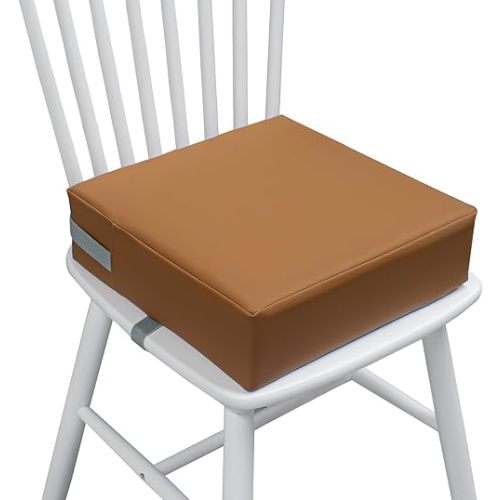Toddler Booster Seat for Dining Table, 2 Elastic Seat Belts, Anti-Scratch PU Skin-Friendly, Waterproof, Anti-Wrinkle, Detachable Non-Slip Bottom - Brown