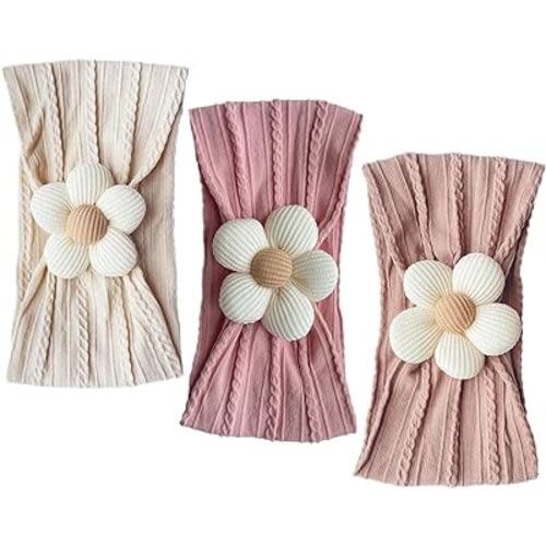 Nirvany 3 Pcs Baby Flower Headband, Nylon Baby Girl Headbands Soft Hairbands Baby Girl Accessories for Newborn Infant Toddler(Beige Pink Khaki)