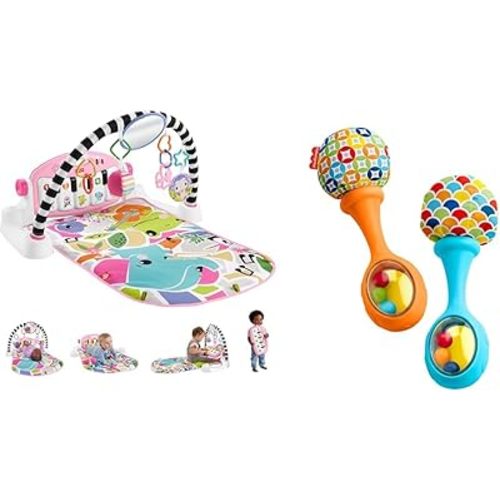 Fisher-Price Baby Activity Mat Glow and Grow Kick & Play Piano Gym, Portable Musical Toy with Smart & Fisher-Price Baby Newborn Toys Rattle 'n Rock Maracas, Set of 2 Soft Musical Instruments