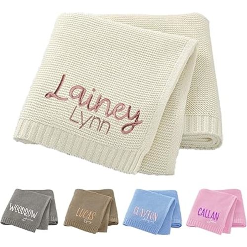 Personalized Beautiful 2 Names Embroidered Chunky Knit Baby Blanket, 100% Organic Cotton 40 * 30 inch, Handmade Nursery Blankets, Newborn Baby Gifts for Boy/Girl, Birthday