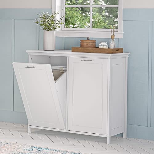 RiverRidge Somerset Double Tilt Out Laundry Hamper - Stylish Laundry Room Cabinets with Removable Cloth Bags, Inset Doors & Coved Top Shelf - Laundry Cabinet for Clothes & Towels