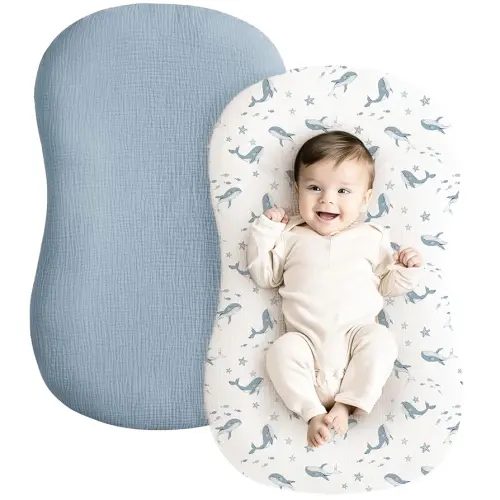 Konssy Muslin Baby Lounger Cover 2 Pack, 100% Cotton Newborn Lounger, Soft and Breathable for Boys Girls, Covers Only (Blue Whale, Blue)